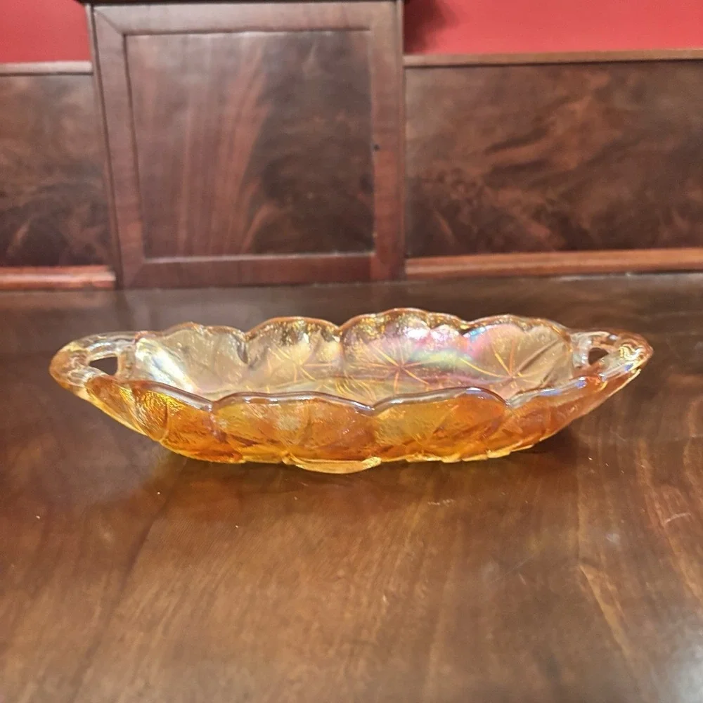 Vintage Indiana Carnival Glass Marigold Relish Dish Iridescent‎ Floral Handled